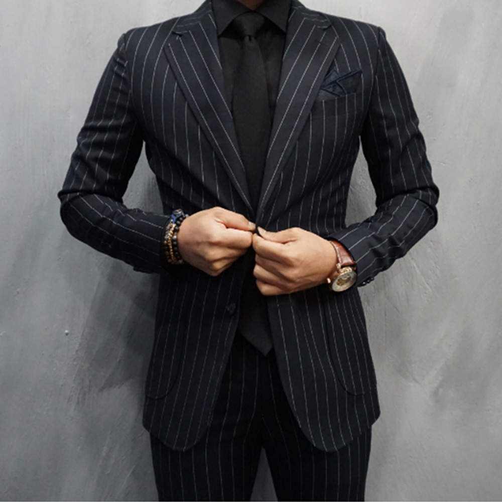 Large Men Formal Wear - Setelan Pria Bergaris Hitam Blazer Kancing