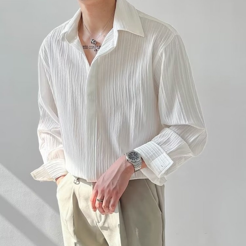 Korean Men Formal Wear - Aprikot Hitam Putih Kemeja Lengan Panjang