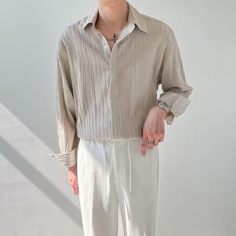 Aprikot Hitam Putih Kemeja Len - Korean Men Formal Wear ulasan dan harga