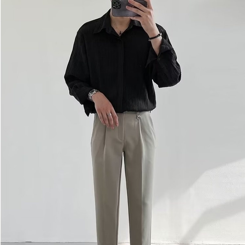 Aprikot Hitam Putih Kemeja Len - Korean Men Formal Wear ulasan dan harga